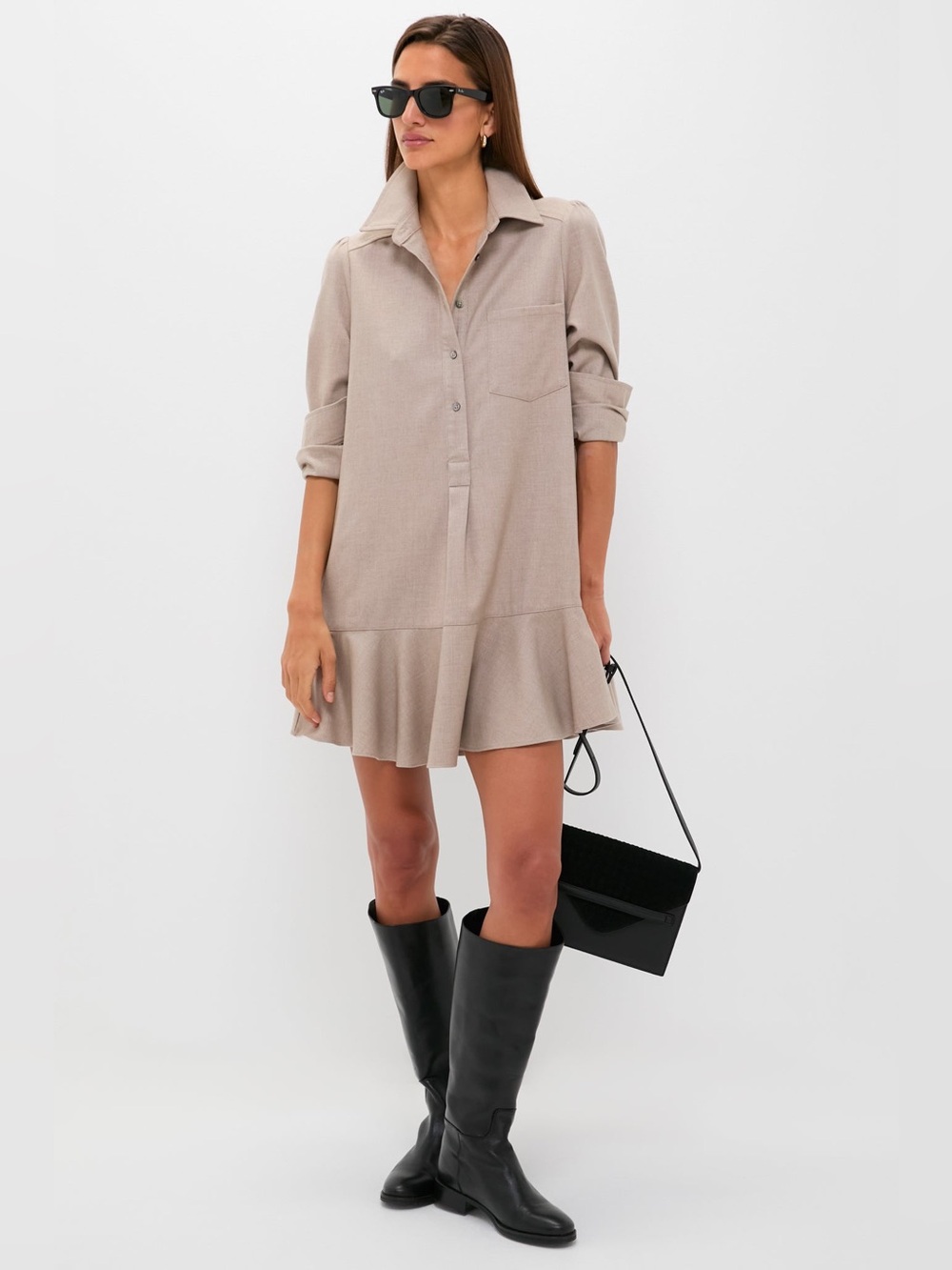 Tuckernuck pique may polo Shirt ruffle Hem Mini Dress sandstone Taupe button sma